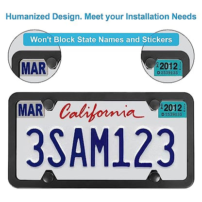License Plate Frames Black, 2Pcs 4 Holes License Plate Holders, Stainless Steel License Plate Frame, Car License Plate Covers for US Vehicles