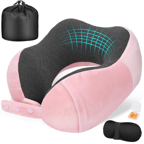 Cirorld Neck Pillow for Traveling, Travel Pillows for Airplanes,100% Pure Memory Foam Travel Neck Pillow, Adjustable Flight Pillow, Portable Plane Accessories with Eye Mask, Earplugs, Carry Bag - color: Pink