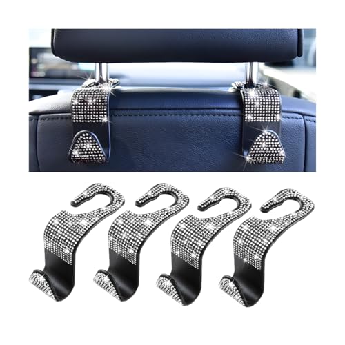 Mandark 4PCS Bling Car Seat Headrest Hooks, Crystal Rhinestone Vehicle Seat Back Hanger for Grocery Purses Handbags, Diamond Auto Seatback Storage Organizer Hanger, Universal for Most Cars (White) - color: White