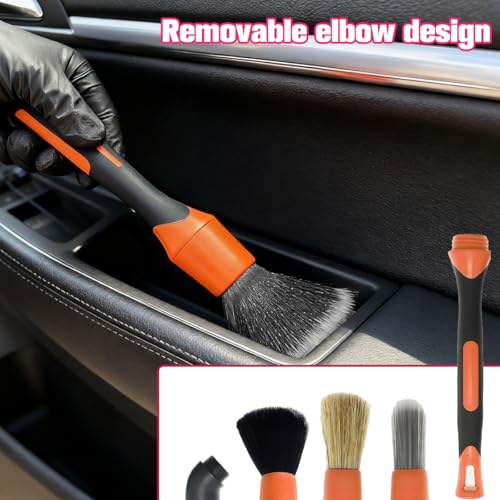 3PCS Car Detailing Brush Set, Ultra Soft Scratch-Free Boar Hair Detailing Brushes with Elbow, Auto Interior Exterior Cleaning Tool for Wheel Air Vent Leather Seat, Universal Fit (Red) - color: Red