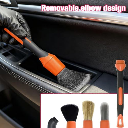 3PCS Car Detailing Brush Set, Ultra Soft Scratch-Free Boar Hair Detailing Brushes with Elbow, Auto Interior Exterior Cleaning Tool for Wheel Air Vent Leather Seat, Universal Fit (Red) - color: Red