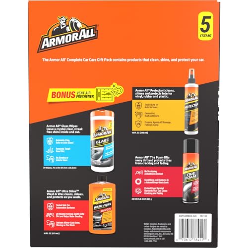 Armor All Car Wash and Car Cleaner Kit by Armor All, Includes Glass Wipes, Car Wash & Wax Concentrate, Protectant Spray and Tire Foam