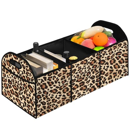 Classic Leopard SUV Car Trunk Organizer Accessories 50L Collapsible Car Storage Bag 3 Compartment Caddy Waterproof Foldable - color: Classic Leopard