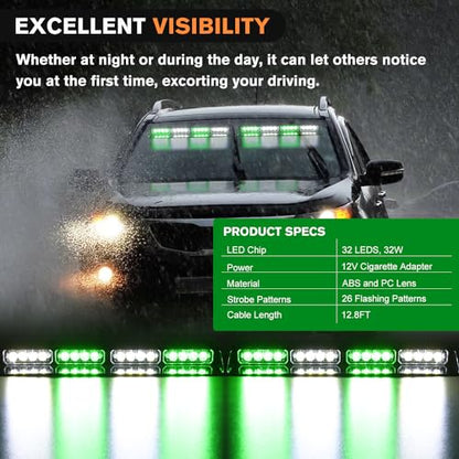 Nilight 32LED Green White Emergency Dash Strobe Lights with Controller Suction Cups Warning Hazard Interior Front/Rear Windshield Deck Split Light Bar for Truck Construction Vehicle - color: Green and White