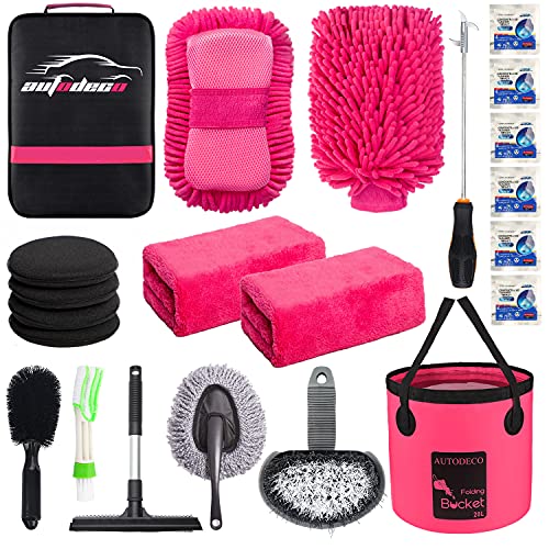 22Pcs Car Wash Cleaning Tools Kit Car Detailing Set with Canvas Bag Pink Collapsible Bucket Wash Mitt Sponge Towels Tire Brush Window Scraper Duster Complete Interior Car Care Kit - color: Pink