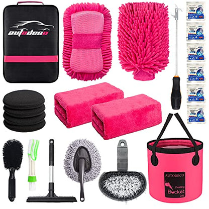 22Pcs Car Wash Cleaning Tools Kit Car Detailing Set with Canvas Bag Pink Collapsible Bucket Wash Mitt Sponge Towels Tire Brush Window Scraper Duster Complete Interior Car Care Kit - color: Pink