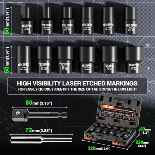 14 Pieces 1/2inch Tap Extractors, Impact Twist Lug Nut Removal Tool, Stripped For Damaged, Frozen, Studs, Rusted, Rounded-Off Bolts, Nuts & Screws, Cr-Mo - size: 14-Piece Twist Socket Set