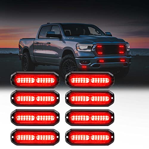 WINECO Ultra-Thin waterproof sync alternating Linear Lens 8pcs 12 led grill strobe lights Red Surface Mount Deck Dash Grill Grille Strobe Lights Warning Police Light for Emergency Vehicles - color: Red
