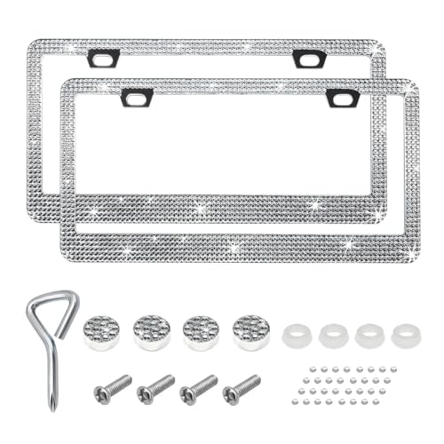 2 PCS Bling License Plate Frame, Stainless Steel Glitter Crystal Diamond License Plate Cover Holder, Sparkly Bedazzled Rhinestone Car Tag Covers for Women, Car Accessories (White) - color: White, size: 2PCS