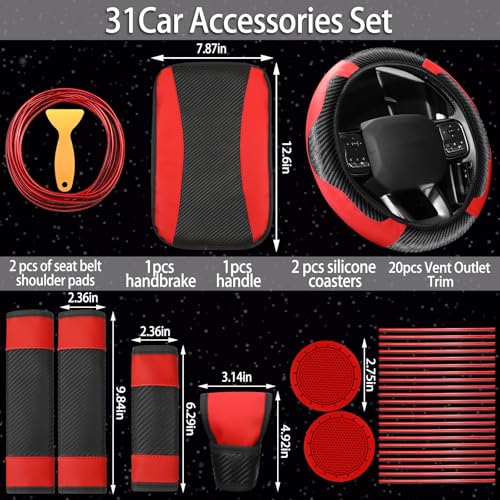 Riakrum 30 Pcs Car Accessories Set Red and Black PU Leather Steering Wheel Cover Auto Interior Accessories Gift Car Vent Trim Strips Air Conditioner Insert Strips with Installation Tool
