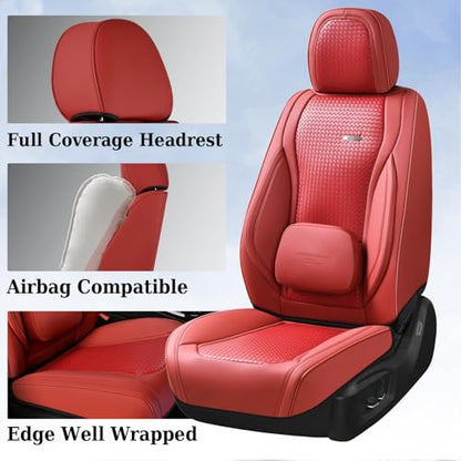 Coverado Seat Covers, Car Seat Covers Front Seats, Waterproof Nappa Leather Auto Seat Cover with Lumbar Head Pillow, Red Seat Covers Carseat Cover Universal Fit for Most Cars - color: Red（Pillow）, size: Front