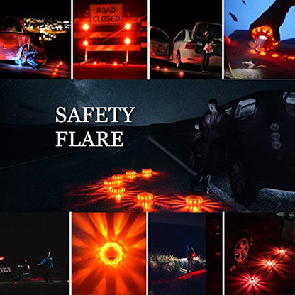 Tobfit 12 Pack LED Road Flares Emergency Lights Roadside Safety Beacon Disc Flashing Warning Flare Kit with Magnetic Base & Hook for Car Truck Boats | 9 Flash Modes (Batteries Not Included) (12) - color: 12 Sets