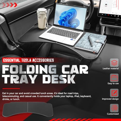 Car Folding Tray Table Leather Compatible with Tesla Model 3 Y – Multi-Use Dining Tray & Laptop Stand, Fits Front Driver & Passenger Seats,Black - color: Black