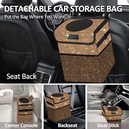 Cute Mini Car Trash Bag with Lid, Glitter Garbage Can Bin Hanging for Back/Front Seat/Console, Waterproof, Leakproof, 2.5 Gallon, Brown Bling Sparkly - color: Brown Bling Sparkly