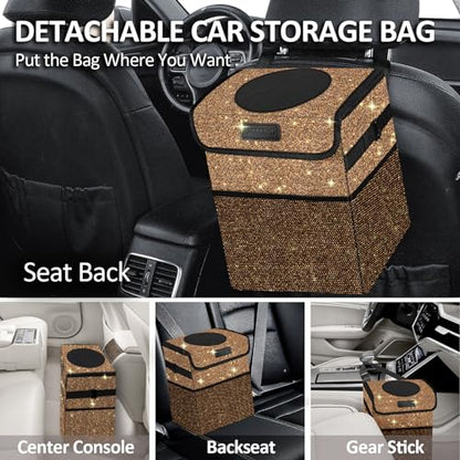 Cute Mini Car Trash Bag with Lid, Glitter Garbage Can Bin Hanging for Back/Front Seat/Console, Waterproof, Leakproof, 2.5 Gallon, Brown Bling Sparkly - color: Brown Bling Sparkly