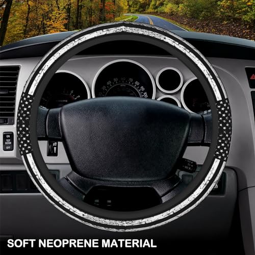 Black White American Flag Elastic Steering Wheel Cover, Non-Slip Breathable Neoprene Steering Wheel Covers, Men Car Accessories, Universal 15 Inch Fit Auto, Suvs, Truck - color: Black White American Flag