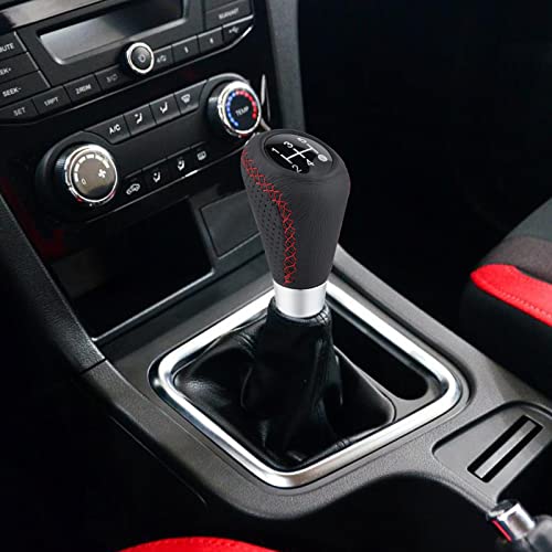 Shifter Knobs 5 Speed Car Gear Stick Leather Shifter Lever Handle Fit Most Manual Vehicle, Black Leather - color: Black with red stitching
