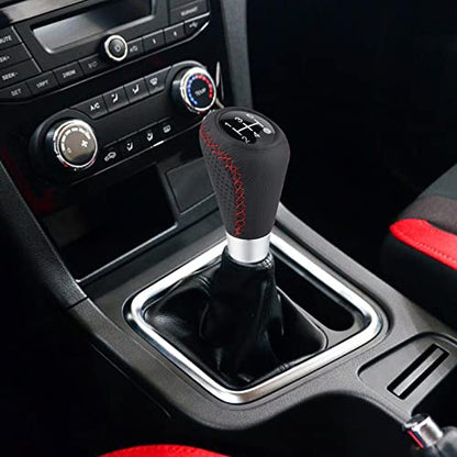 Shifter Knobs 5 Speed Car Gear Stick Leather Shifter Lever Handle Fit Most Manual Vehicle, Black Leather - color: Black with red stitching