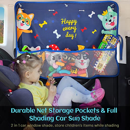 DIZA100 2 Pack Car Window Shade for Baby, Blackout Car Sun Shades with Storage Pockets, 7 Suction Cups, Blue, Cute Patterns for Sun/Heat/UV Rays Protection, Standard Passenger Cars - color: Blue-Cute Dogs 2PC