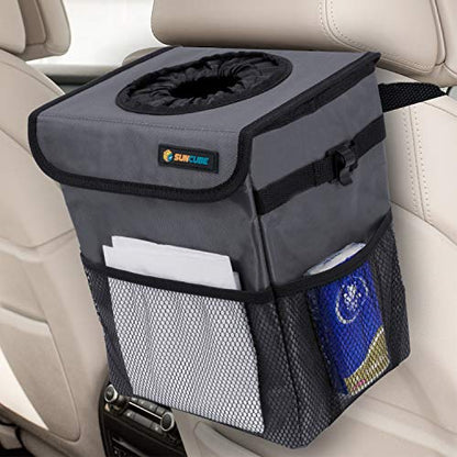 SUN CUBE Waterproof Car Trash Can with Lid, Mesh Pockets | Leakproof Car Garbage Can Hanging | Auto Trash Bin, Garbage Bag Organizer for Headrest, Console, Truck (Dark Gray) - color: Dark Grey
