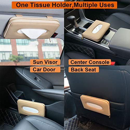 Car Tissue Holder, Sun Visor Napkin Holder, PU Leather Backseat Tissue Case with Zipper (Beige) - color: Beige