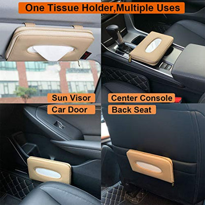 Car Tissue Holder, Sun Visor Napkin Holder, PU Leather Backseat Tissue Case with Zipper (Beige) - color: Beige