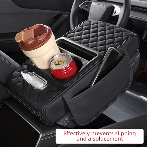 5 in 1 Car Center Console Cover, Armrest Pad with 2 Storage Pockets, Cup Holder, Tissue Box Slot, Phone Holder, Universal Car Interior Organizer (Black) - color: Black
