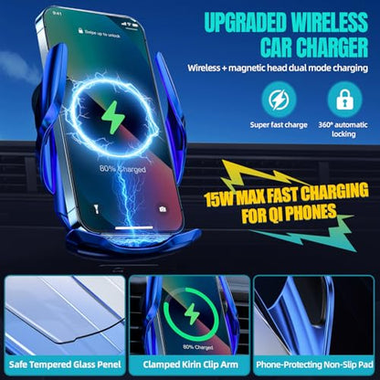 Wireless Car Charger, MAX 15W Fast Charging Auto Clamping, Sensing Phone Holder Mount, fit for iPhone 16 15 14 13 12 Pro Max Xs X, Samsung Galaxy S24 Ultra S23 S22 S21 S20 Note 20 (3-Blue) - color: 3-Blue