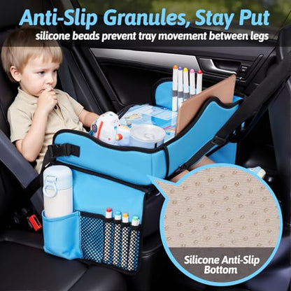 OUOZZZ Kids Travel Tray for Car - Boy's Safety Seat Table, Toddler Road Trip Essentials - Carseat/Airplane Lap Desk with Weight-Relief Strap, Non-Skid Silicone Base, Waterproof Dining/Craft Mat - color: Car