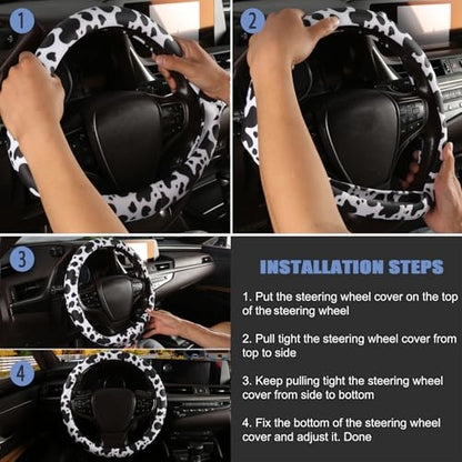 Cow Print Steering Wheel Cover with Silicone Inner Ring, Non-Toxic, Odorless Silicone Leather with Non-Fading Cow Pattern for Men Women, Universal 14.5 to 15 Inch (Cow Print) - style: Cow Print