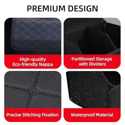 Leather Trunk Organizer for SUV & Sedans - Extra Large Foldable Car Storage Box with Lid, Adjustable Removable Dividers and Carry Handle, Collapsible Auto Cargo Organizer Black