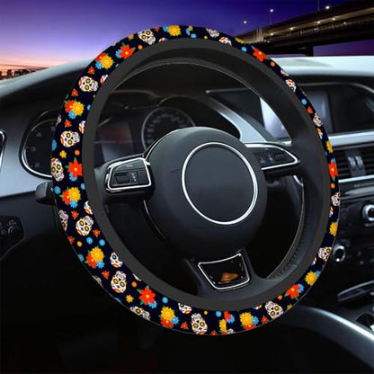 Swono Day of The Dead Sugar Skull Universal Neoprene Steering Wheel Cover Colorful Sugar Skull and Flower 15 Inch Steering Wheel Covers,Printed Steering Wheel Elastic Protection for Women and Girls - color: multi-058