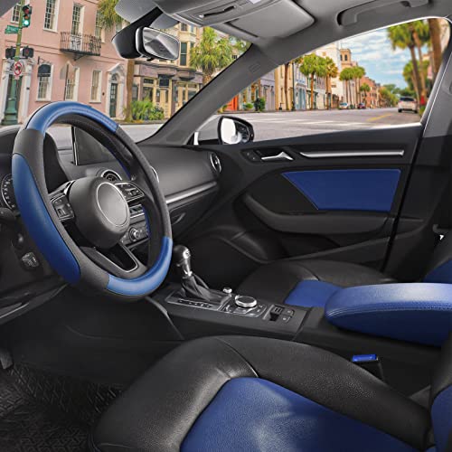 SEG Direct Car Steering Wheel Cover for Prius Civic Model 3 Model Y Camaro, Small Size 14-14.25 inch, Black and Blue Microfiber Leather - color: Black and Blue, size: Small size[14''-14 1/4'']