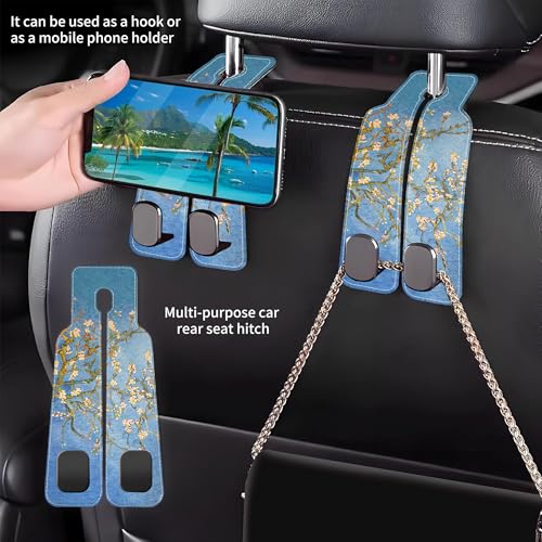 1 Pack Car Seat Headrest Hooks for Purses Abstract Blossoming Almond Tree Bag Purse Holder for Car with Double Metal Hooks Car Purse Hanger Hanging Accessories - color: Abstract Blossoming Almond Tree