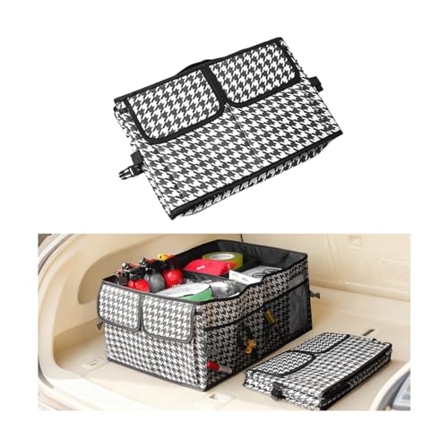Car Trunk Organizer, Collapsible Multi-Compartment Large Capacity Vehicle Storage Container, Foldable Adjustable Automotive Interior Organization Box, Universal Fit (Houndstooth) - color: Houndstooth