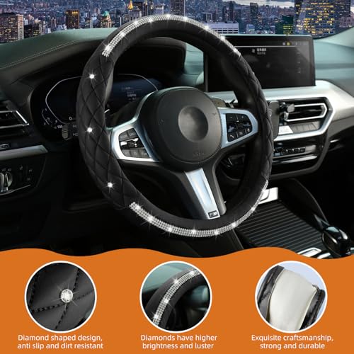Steering Wheel Cover，with Sparkly Crystal Rhinestone, Delicate and Anti-Slip Bling Steering Wheel Cover ，Adaptable to 14.5-15 inches Car Wheel Protector for Women Girl，Diamond Car Accessories, Black - color: Black