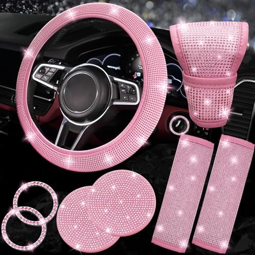 NBTEPEM 8 pcs Pink Bling Car Accessories Set for Women, Steering Wheel Cover, Sparkly Seat Belt Covers, Bling Gear Shift Cover, Universal Fit Most Cars (All Pink Diamond) - color: All Pink Diamond, size: Steering Wheel Cover Set