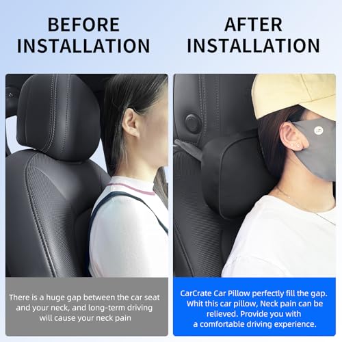 CarCarte Car Headrest Pillow, 2 Pack Car Neck Pillows for Neck Support, Super Soft Ergonomic Du-Pont Bio Cotton Head Rest Pillow for Driving Travel Pillow with Adjustable Strap (Black, Shaped Style) - color: Black1
