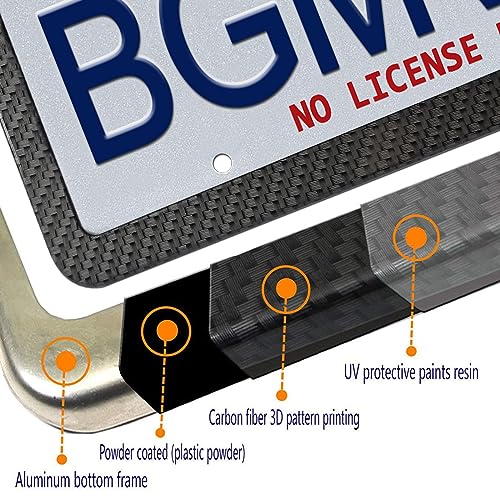 BGMVFK Black Carbon Fiber License Plate Frame- Rust Proof Aluminum Slim Car Tag Holder, Heavy Duty Plate Mount Kit- Screws, Caps Cover, Rattle Proof Pads, 2 Pack for Front & Rear