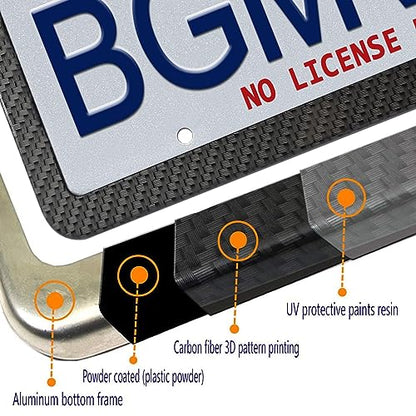BGMVFK Black Carbon Fiber License Plate Frame- Rust Proof Aluminum Slim Car Tag Holder, Heavy Duty Plate Mount Kit- Screws, Caps Cover, Rattle Proof Pads, 2 Pack for Front & Rear