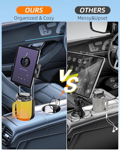 3 in 1 Tablet Holder for Car Bottle, 360°Rotatable & Aluminum Telescopic Arm Sturdy Rod Cup Holder Tablet Mount for iPad Pro 12.9/11/10.5/9.7/Air/Mini 6/5/4, iPhone 17/16/Pro, 4.7-12.9" Tab & Phone