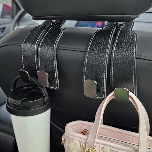 2 Pack Car Seat Back Storage Hooks - Headrest Hooks for Purses and Bags, Leather (Black) - color: Black