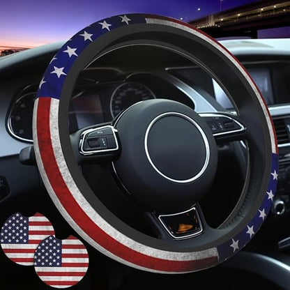 American Flag Steering Wheel Cover - Independence Day American USA Flag Steering Wheel Cover for Men Anti-Slip Breathable Universal for 14-15 Inch Car with 2 Pieces Car Coasters - color: American Flag-1