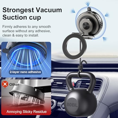 Phone Holders for Your Car, [80+LBS Strongest Suction & 2800gf Magnetic] 360° Adjustable Foldable Vacuum Magnetic Suction Car Cell Phone Holder Mount Compatible for MagSafe iPhone Car