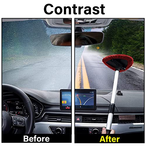 Windshield Cleaning Tool, Car Window Cleaner with 4 Washable Reusable Microfiber Pads, Extendable Long Handle Glass Wiper Cleaning Kit, Auto Accessories Universal for Office and Home (Red) - color: Red