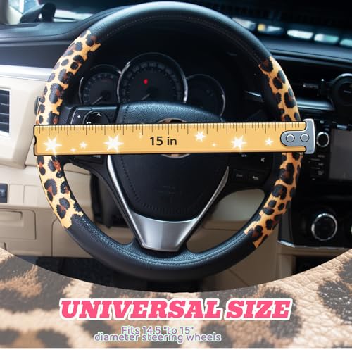 Universal Leather Leopard Cheetah Steering Wheel Cover Women 14.5-15 inch Leopard car Accessories Western Anime Brown Cute Wheel Cover Hip Hop Anti-Slip Car Protecter for Men - color: Leopard Print-SC