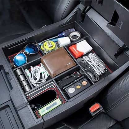 JDMCAR Compatible with Toyota Tundra Accessories 2014-2021 Center Console Organizer, Insert ABS Black Materials Tray, Armrest Secondary Storage Box - Full Tray -Red Trim - color: RED