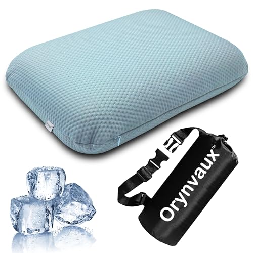 Cooling Camping Pillow, Memory Foam Travel Pillow with Adjustable Buckle Strap & Storage Bag, Compact Small Pillow for Airplane, Car Lumbar, Office, Washable Cooling Cover, Glacier Blue - color: Glacier Blue, size: L-17.5*11.8*4.3in