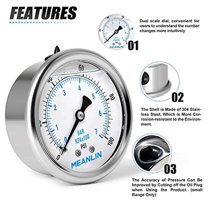 MEANLIN MEASURE 0~100Psi Stainless Steel 1/4" NPT 2.5" FACE DIAL Liquid Filled Pressure Gauge WOG Water Oil Air Back Mount (Pack of 2), with 1/2" NPT and 3/8" NPT Hex Bushing - size: 0-100Psi (2Pcs)