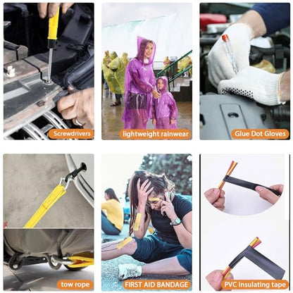 LIANXIN Car Roadside Emergency Kit, with Jumper Cables Automotive Kit,Car Safety Roadside Assistance Kit Headlamp,Tow Straps,Screwdrivers, Rainwear, Gloves.Red - color: Red